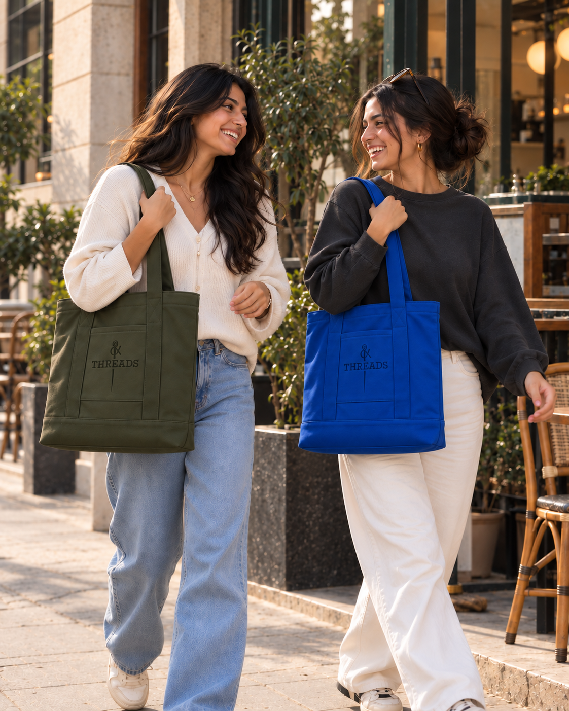 Two models carrying olive and blue BOLD totes
